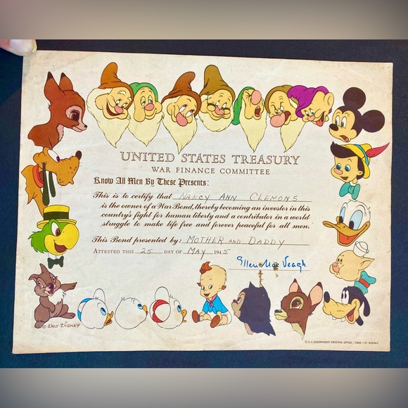 1944 WWII Walt Disney US Treasury War Bond Certificate - Picture 1 of 8